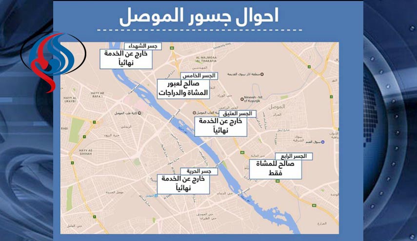 نقشه جدید از پل‌های ارتباطی باقیمانده در موصل