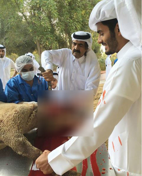 چهره امیر سابق قطر هنگام ذبح گوسفند!+عکس چهره امیر سابق قطر هنگام ذبح گوسفند!+عکس