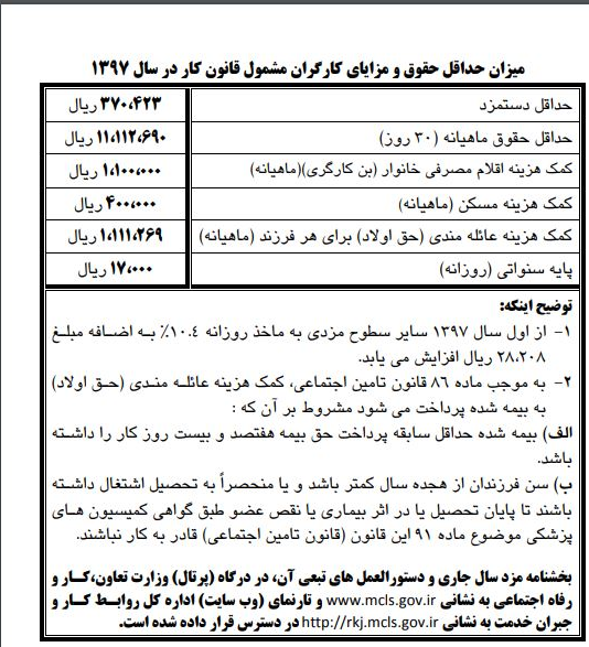 بخشنامه دستمزد سال 97 کارگران مشمول قانون کار بخشنامه دستمزد سال 97 کارگران مشمول قانون کار
