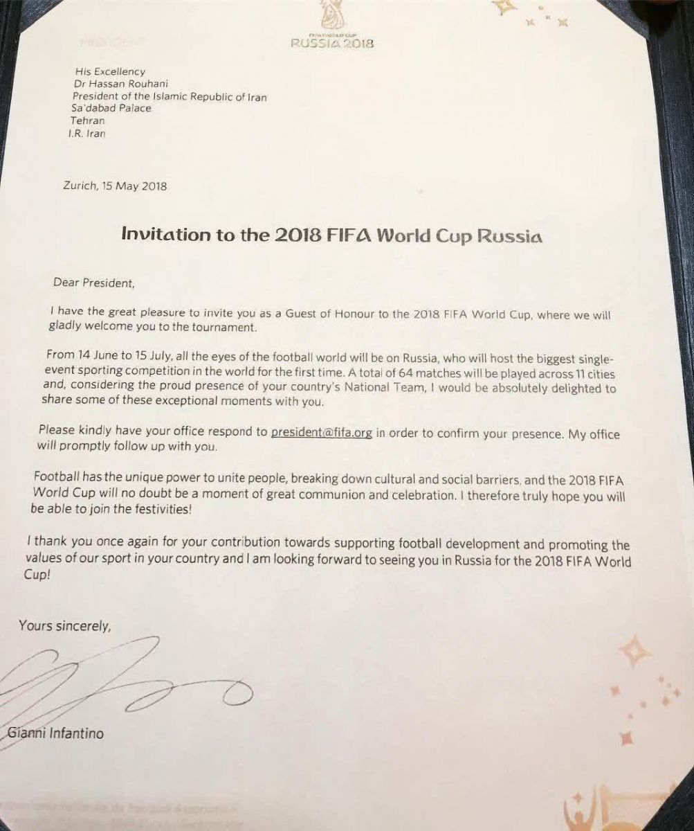 دعوتنامه رسمی رئیس FIFA برای روحانی + عکس