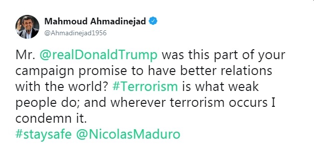 پیام انگلیسی احمدی نژاد به ترامپ، مادورو و مردم جهان پیام انگلیسی احمدی نژاد به ترامپ، مادورو و مردم جهان