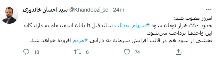 سود 550 هزار تومانی سهام عدالت تا پایان سال پرداخت میشود سود 550 هزار تومانی سهام عدالت تا پایان سال پرداخت میشود