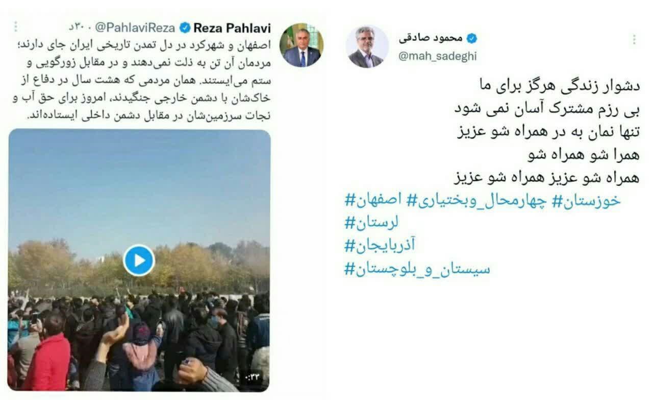 توئیت مشابه رضاپهلوی و محمودصادقی