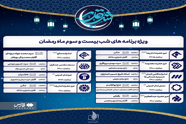 اعلام ویژه برنامه احیای شب‌های قدر شبکه‌های سیما