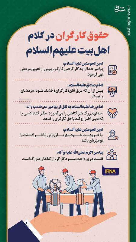 کانال تلگرامی خبرگزاری ایرنا اینفوگرافی درباره حقوق کارگران در کلام اهل بیت علیهم‌السلام را منتشر کرد.
