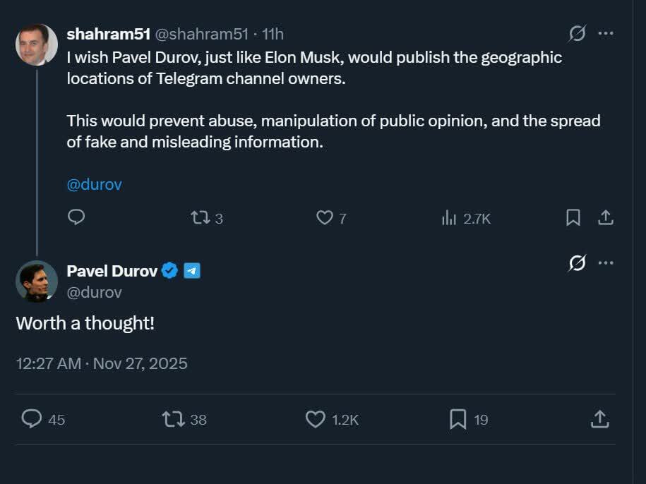 احتمال آشکارسازی موقعیت مکانی مالکان کانال‌های تلگرامی توسط پاول دوروف